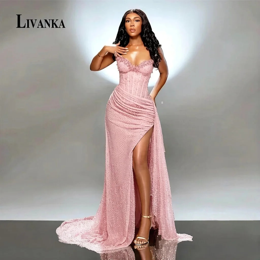LIVANKA chérie cou sirène robes De soirée côté haute fente parole longueur robes De bal perles personnalisé robes De Fiesta