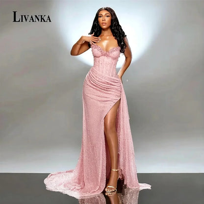 LIVANKA chérie cou sirène robes De soirée côté haute fente parole longueur robes De bal perles personnalisé robes De Fiesta